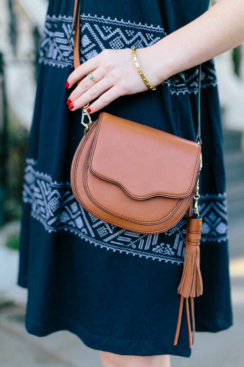 Navy Embroidered Gap Dress with Old Navy Sandals + Rebecca Minkoff Bag.