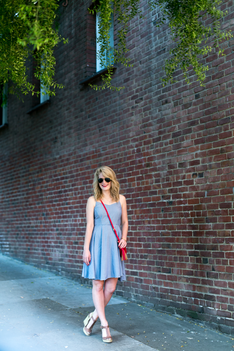 Old Navy Gingham Dress with Gap Jean Jacket, Steve Madden Wedges & Ray-Ban Aviators.