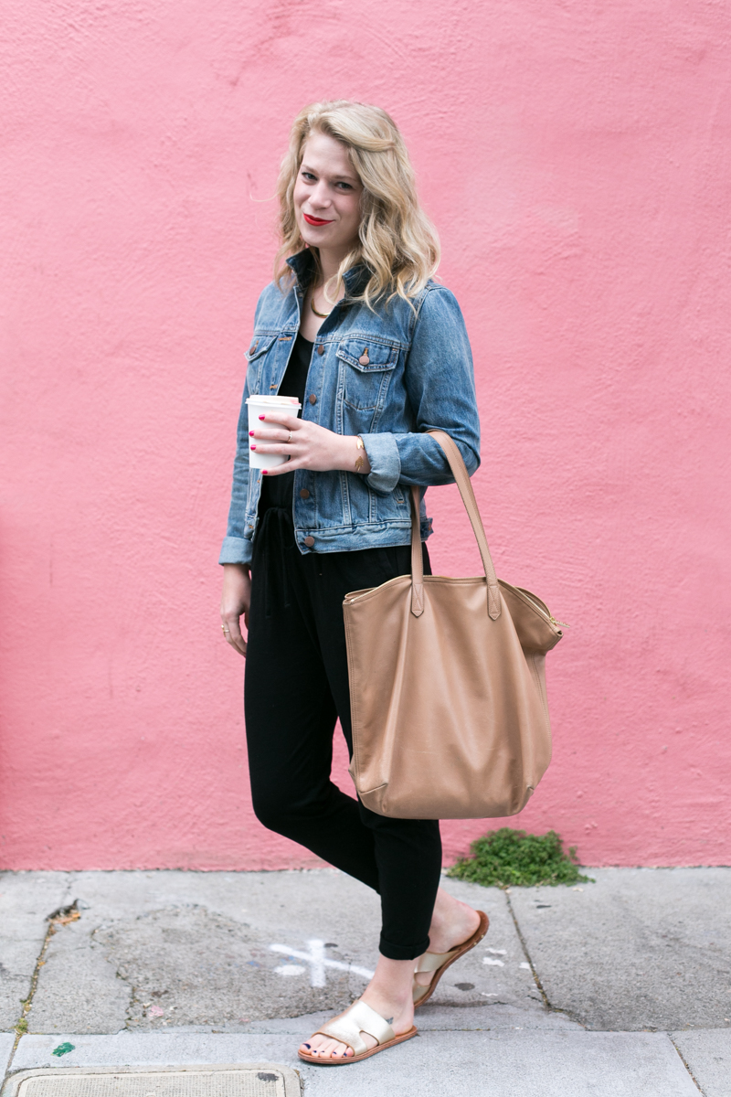 Black Gap Jumpsuit with Denim Jacket, Beek Sandals and Cuyana Leather Tote.