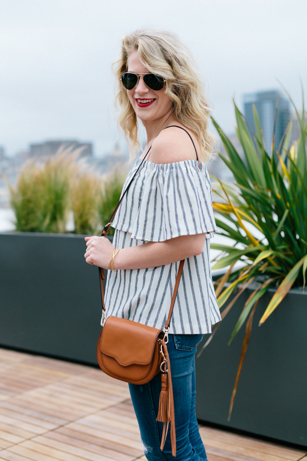 Striped Banana Republic Off the Shoulder Top with Destroyed Denim.