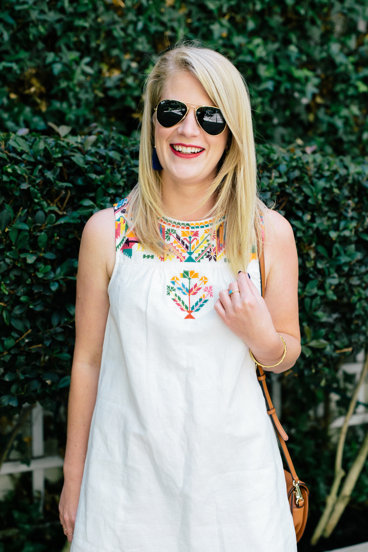 Colorful Embroidered Madewell Summer Dress with Steve Madden Sandals.