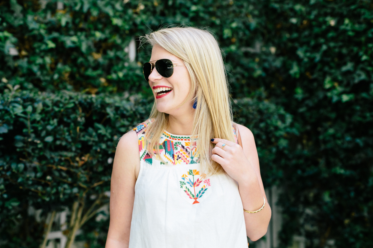 Colorful Embroidered Madewell Summer Dress with Steve Madden Sandals.