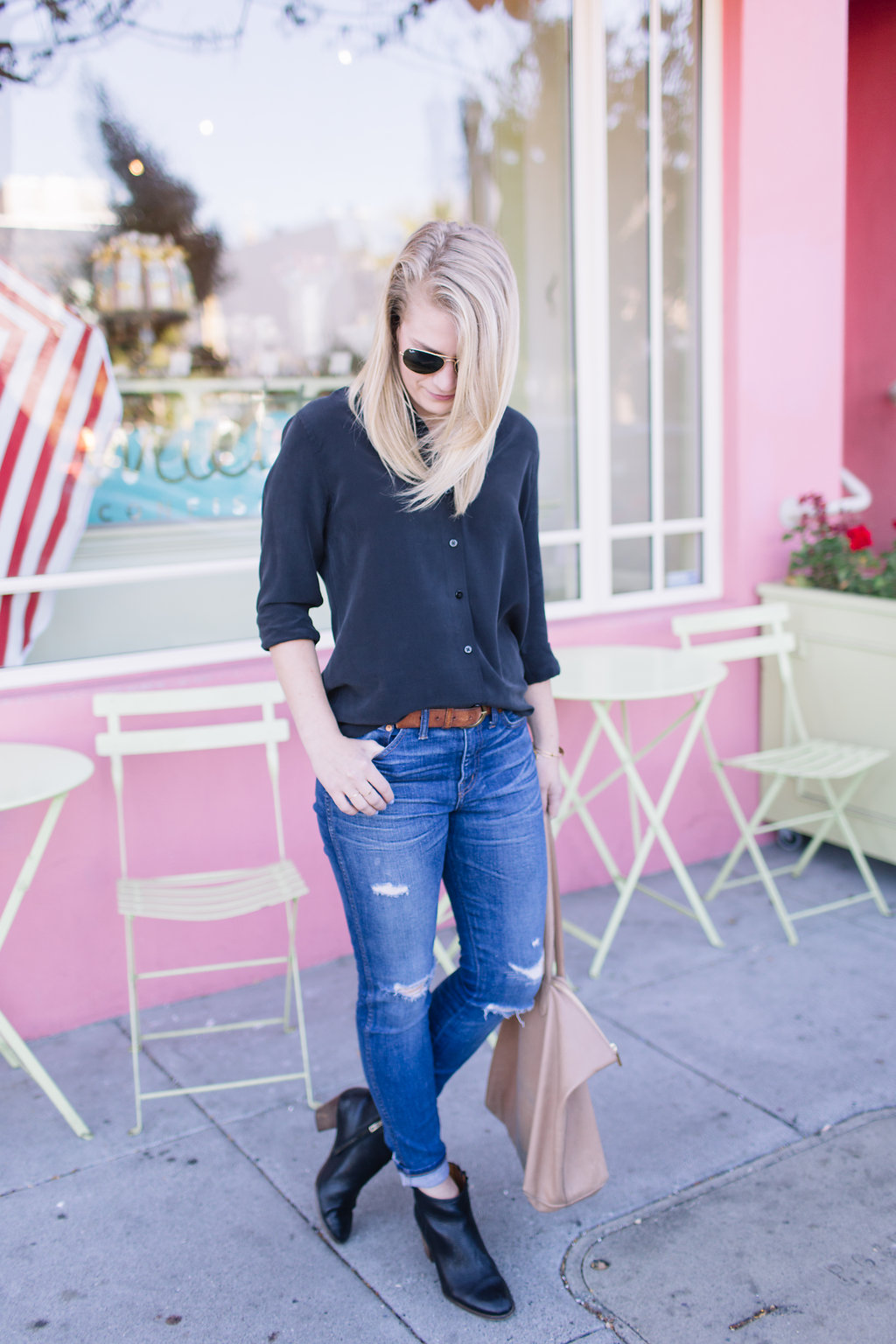 Everyday Uniform // Everlane silk top with Madewell denim and ankle boots.
