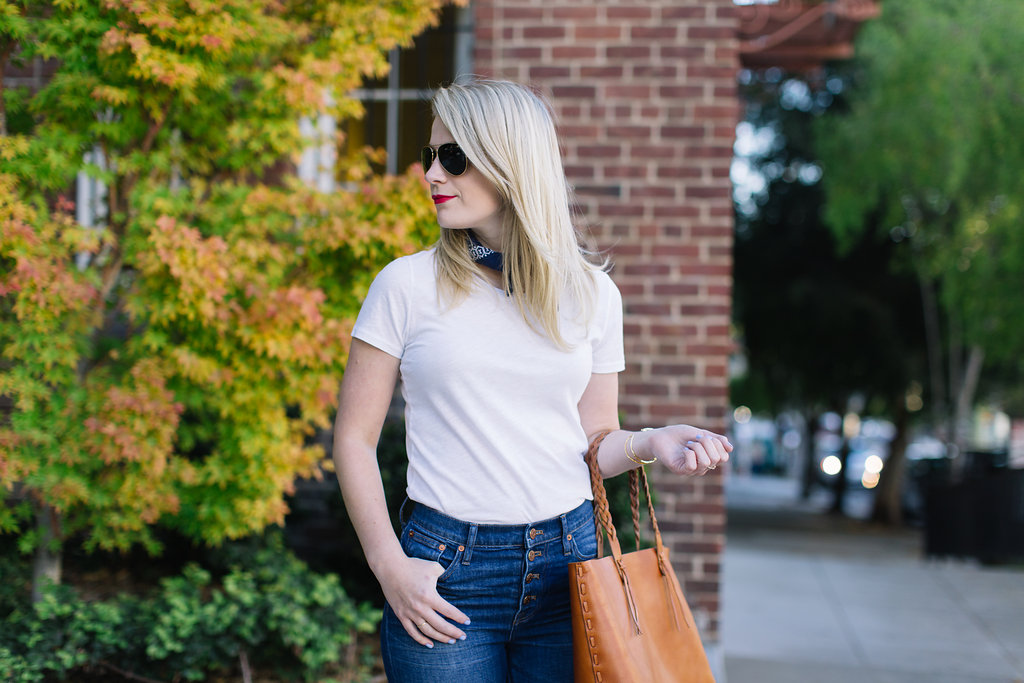 70's inspired look with Madewell Denim Flares with White Tee and Bandana.