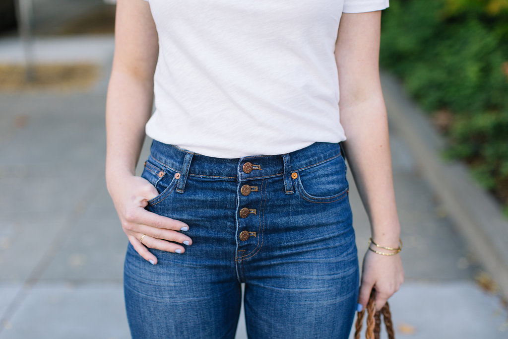 70's inspired look with Madewell Denim Flares with White Tee and Bandana.