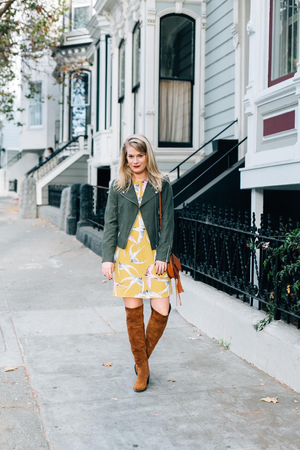 Fall Outfit Inspiration // Ann Taylor Shift Dress with Olive Club Monaco Moto Jacket and Steve Madden Over the Knee Boots.