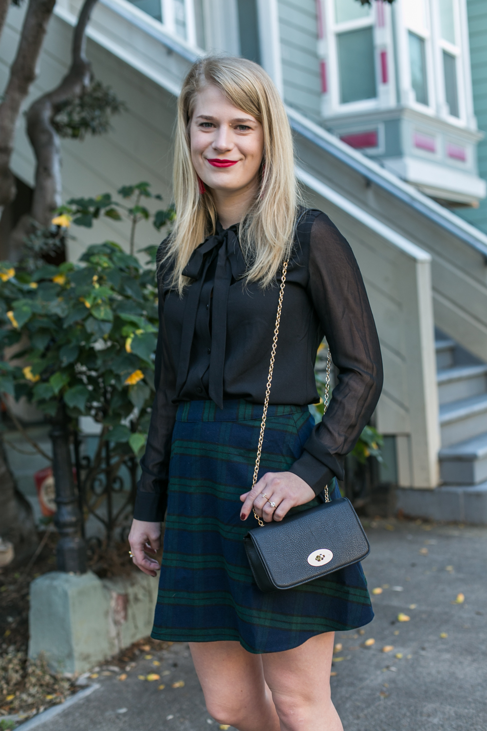 Old Navy Plaid Skirt for Fall with Black Blouse and M. Gemi Patent Pumps.