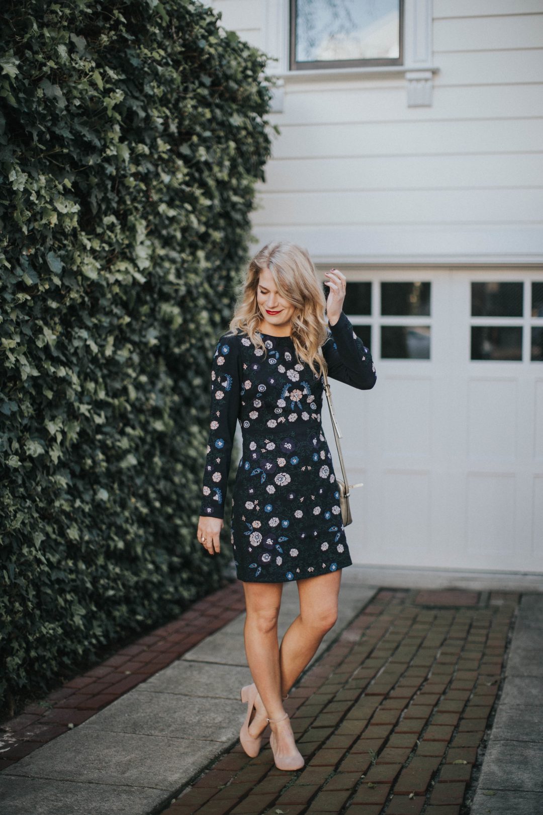 Floral Club Monaco Dress with Suede Blush Steve Madden Heels.