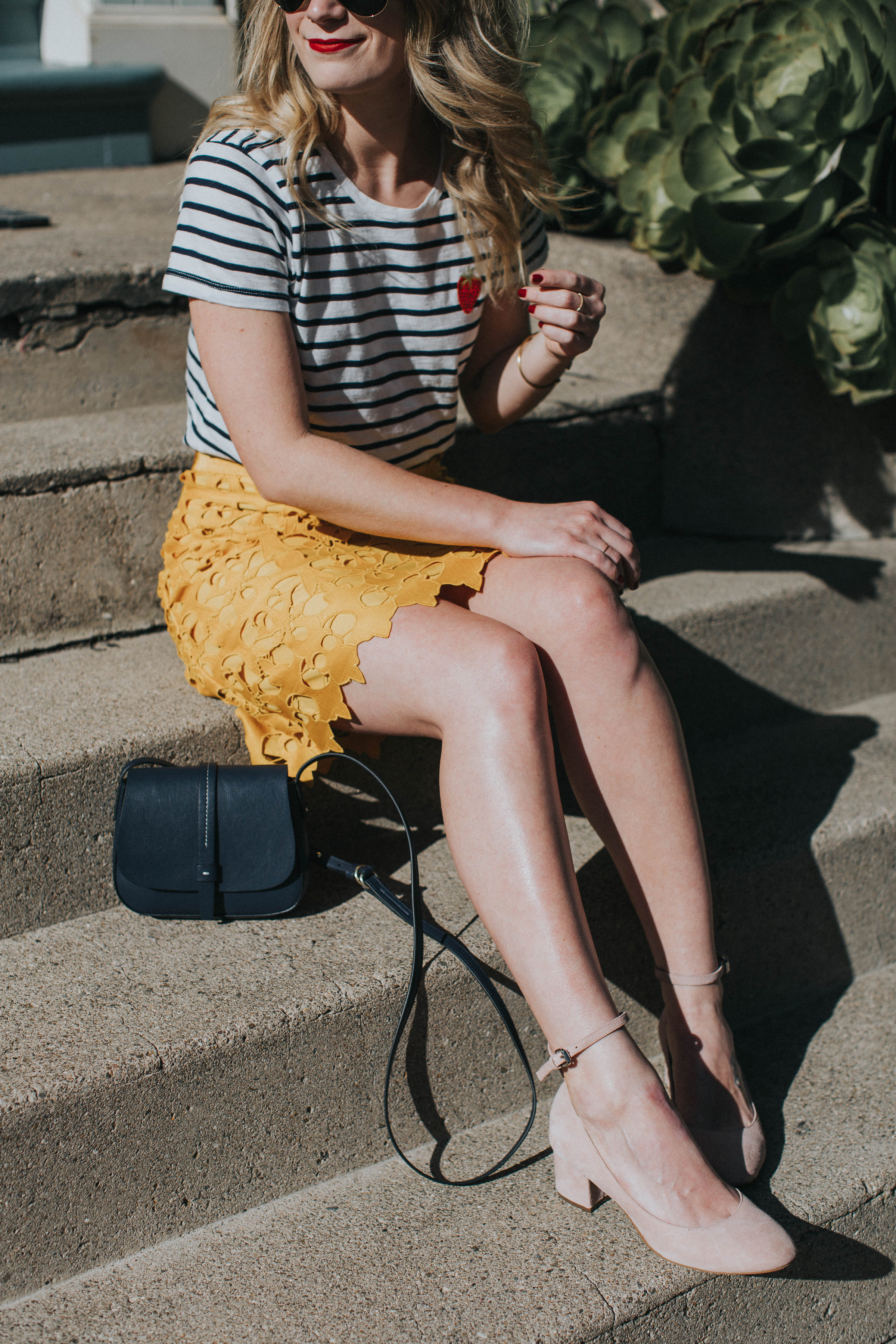 Strawberry Stripes | Cait Weingartner wears a LOFT lace skirt with J. Crew striped tee and Steve Madden heels.
