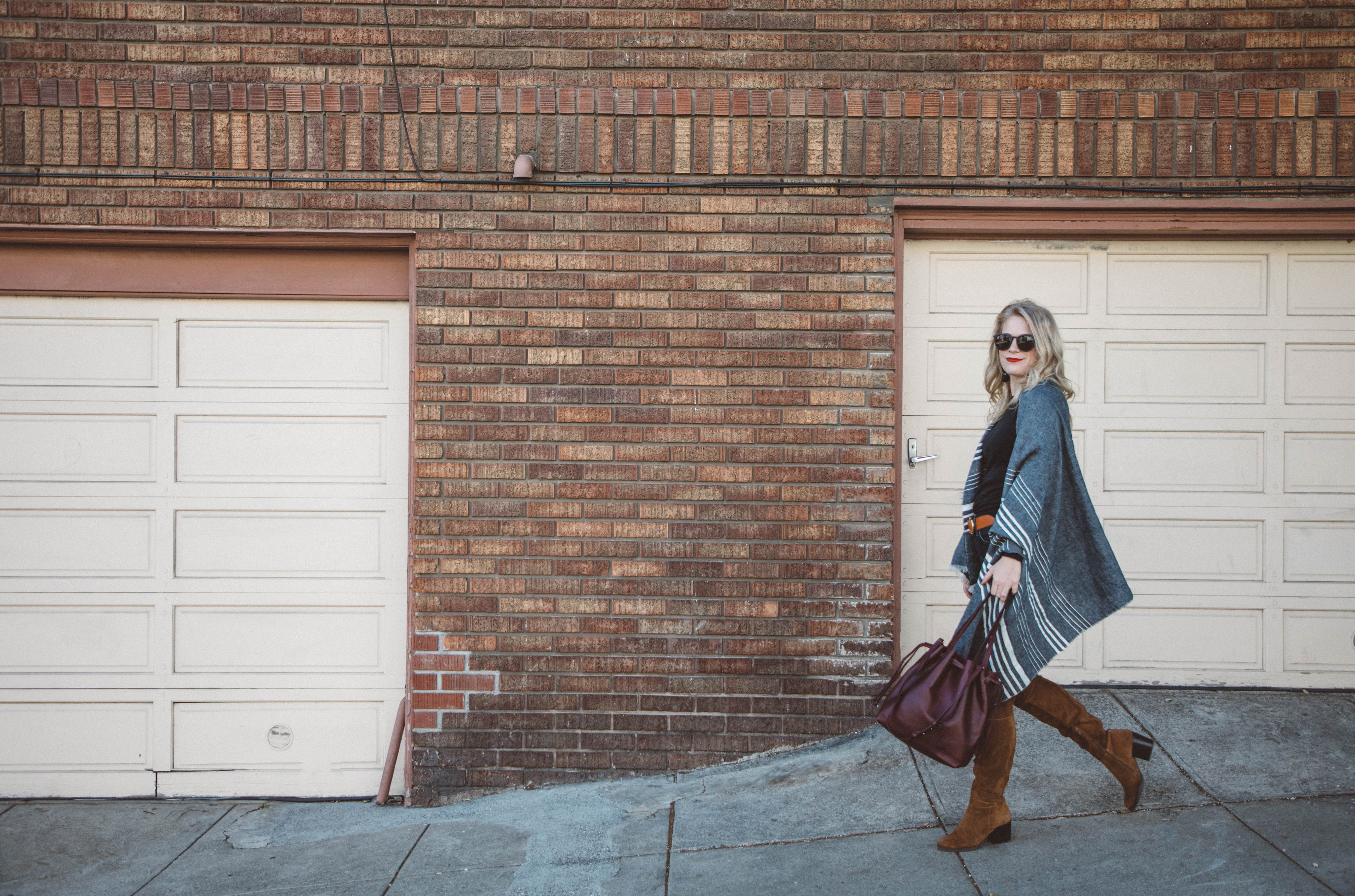 J. Crew Wrap with Steve Madden over the knee boots and a Madewell bucket bag.
