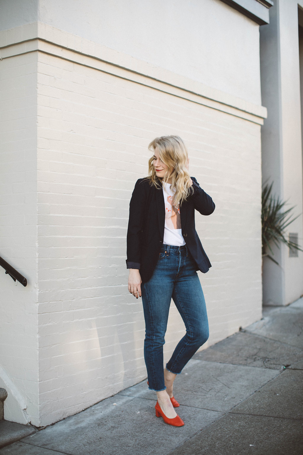 For All Womankind Tee worn with Levi's Wedgie Jeans, a J. Crew Blazer and Everlane Day Heels.