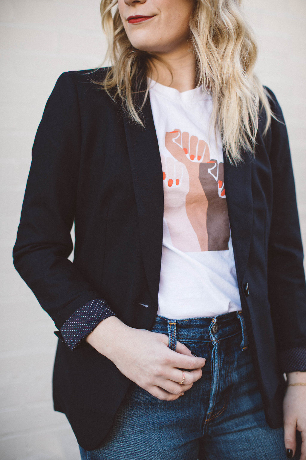 For All Womankind Tee worn with Levi's Wedgie Jeans, a J. Crew Blazer and Everlane Day Heels.