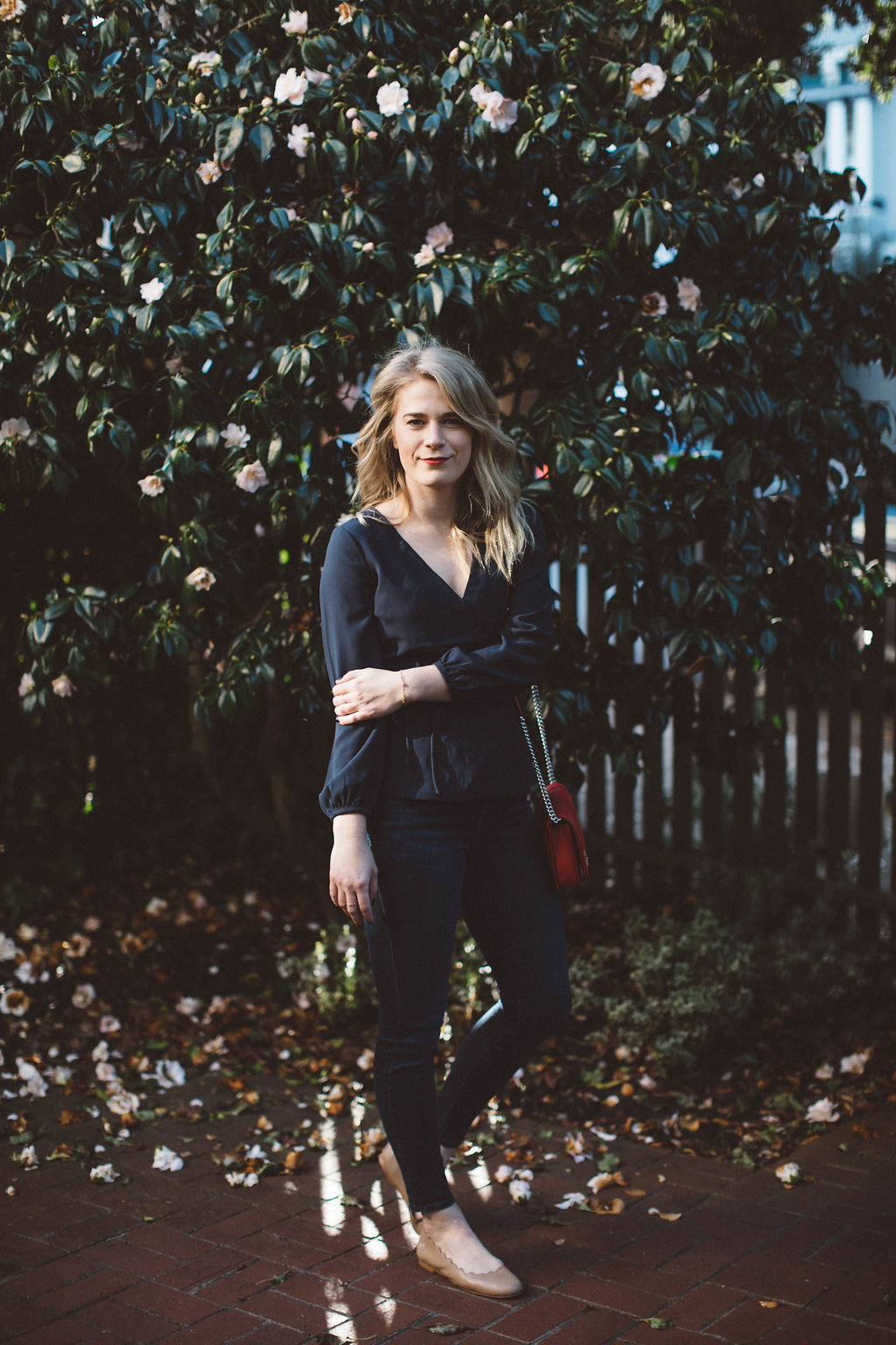 A Classic Look for the Office // J. Crew Wrap Top with Dark Madewell Denim and Scalloped Ballet Flats