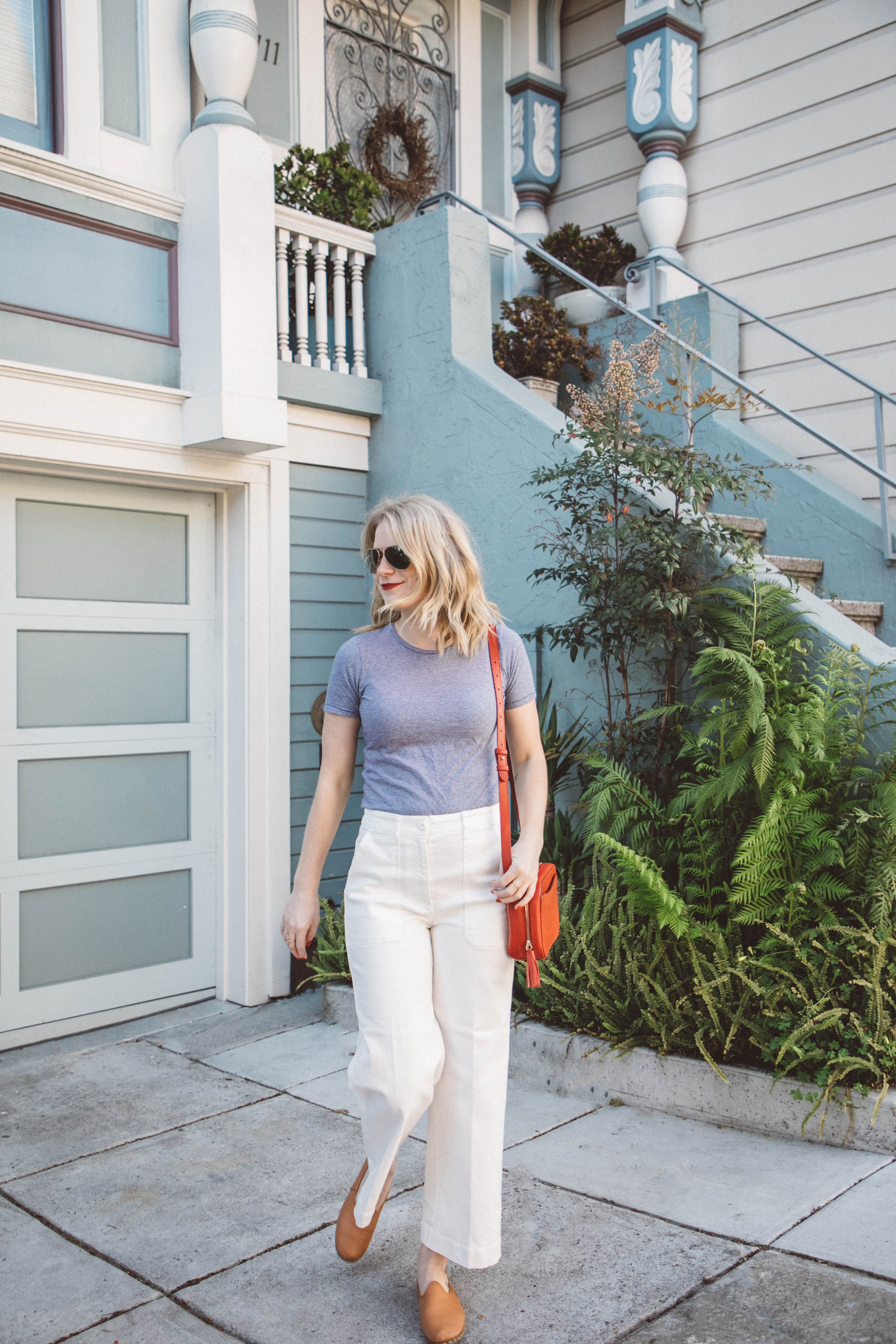 Everlane Wide Leg Crop Pants paired with an Everlane Striped Tee makes for the perfect early summer look.