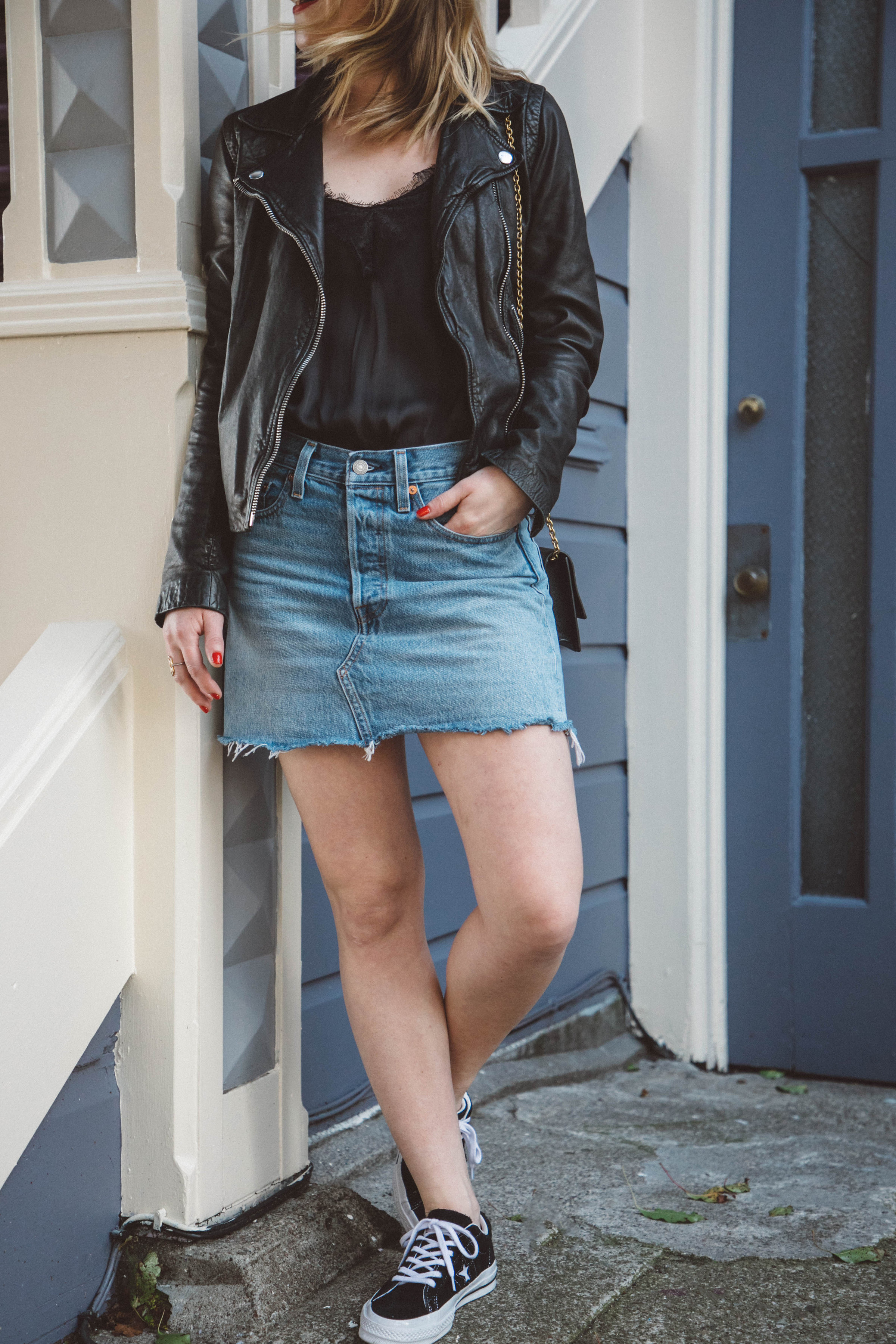 Bringing Back the Denim Skirt // Levi's Denim Skirt paired with a H&M Satin Lace Cami and Madewell Moto Jacket.